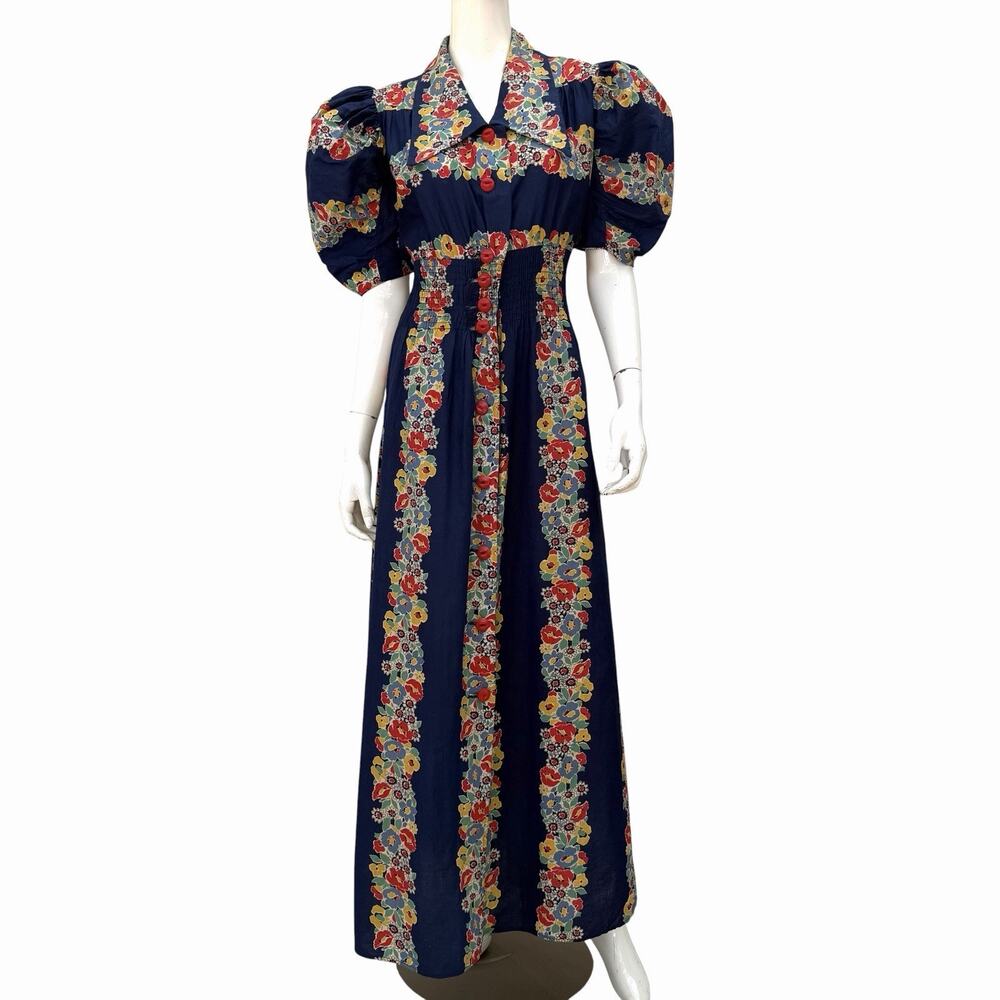VTG 1940’s Extreme Puff Sleeve Maxi Dress Cotton Border Print Dagger Collar, L - Picture 3 of 14